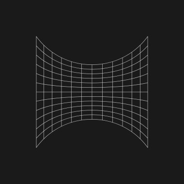 Merkezde Retro Futuristik sıkıştırılmış ızgara var. Siber tasarım elemanı. 80 'lerin siber punk tarzında. Poster, kapak, el ilanı ve ters dalga tarzı ürünler için siber geometri. Vektör