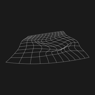 Retrofuturistic perspective liquid distorted grid. Futuristic design element. Cyberpunk grid in 80s style. Cyber geometry for poster, cover, flyer, merch in retrowave style. Vector