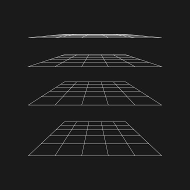 Farklı açılardan geçmişe dönük düz perspektif ızgarası. Siber retro tasarım elemanı. 80 'lerin siberpunk tarzında düz bir perspektif. Poster için perspektif, ters dalga şeklinde kaplama. Vektör