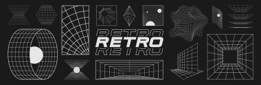 Set of retrofuturistic design elements, perspective grids, tunnel, RETRO title, polar grid, blackhole, bipyramide, circle portal, gravity visualization. Cyberpunk 80s style. Vector clipart