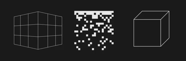 Conjunto de cubo de grade retrofuturista, padrão de pixel e cubo de geometria. Coleção de formas retangulares em estilo cyberpunk dos anos 80. Elementos de design de retroonda cibernética para cartaz, capa. Vetor — Vetor de Stock
