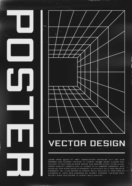 Projeto de cartaz retrofuturista com túnel de grade de perspectiva. Cartaz de estilo cyberpunk dos anos 80 com túnel laser de perspectiva. Shabby modelo de folheto riscado para o seu projeto. Vetor —  Vetores de Stock