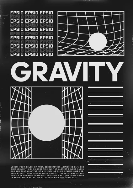 Retrofuturystyczny projekt plakatu. Cyberpunkowy plakat w stylu lat 80. z tytułem GRAVITY i ilustracjami zniekształconej przestrzeni. Shabby porysowane szablon ulotki dla projektu. Wektor — Wektor stockowy