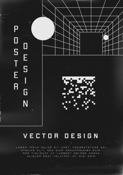 Design de cartaz retrofuturista. Cartaz estilo Cyberpunk dos anos 80 com perspectiva túnel e pixel 8bit quadrado. Shabby modelo de folheto riscado para o seu projeto. Vetor —  Vetores de Stock