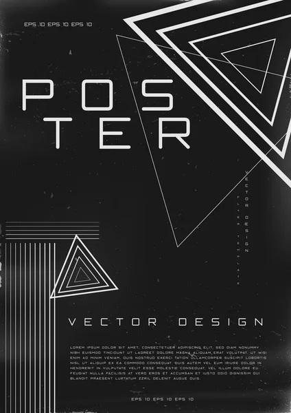 Design de cartaz retrofuturista. Poster estilo cyberpunk dos anos 80 com formas de triângulo. Shabby modelo de folheto riscado para o seu projeto. Vetor —  Vetores de Stock