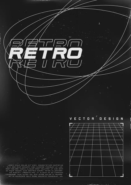 Desain poster retrofuturistik. Poster bergaya Cyberpunk 80-an dengan bentuk elips kontur dan kisi perspektif dalam tampilan persegi. templat selebaran tergores lusuh untuk desain Anda. Vektor - Stok Vektor