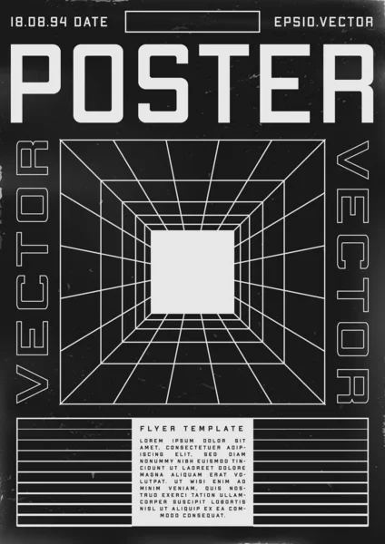 Poster design rétrofuturiste avec tunnel de grille perspective. Cyberpunk affiche de style années 80 avec tunnel et lumière à la fin. Modèle de flyer rayé Shabby pour votre conception. Vecteur — Image vectorielle