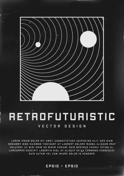 Poster design rétrofuturiste. Cyberpunk affiche de style années 80 avec illustration de tunnel trou noir avec des sphères. Modèle de flyer rayé Shabby pour votre conception. Vecteur — Image vectorielle