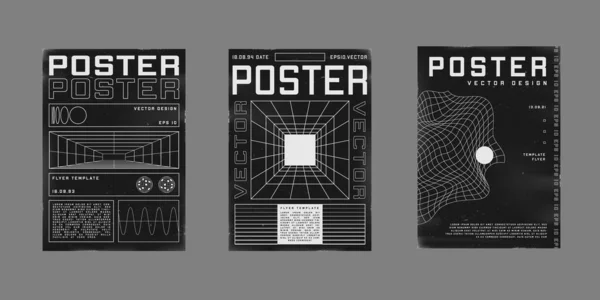 Ensemble d'affiches de design rétrofuturiste. affiches de style Cyberpunk années 80 avec tunnel de grille perspective, et grille déformée liquide. Modèle de flyer rayé Shabby pour votre conception. Vecteur — Image vectorielle
