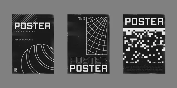 Ensemble d'affiches de design rétrofuturiste. Des affiches de style Cyberpunk des années 80 avec des formes circulaires, des grilles polaires et des motifs de pixels 8 bits. Modèle de flyer rayé Shabby pour votre conception. Vecteur — Image vectorielle