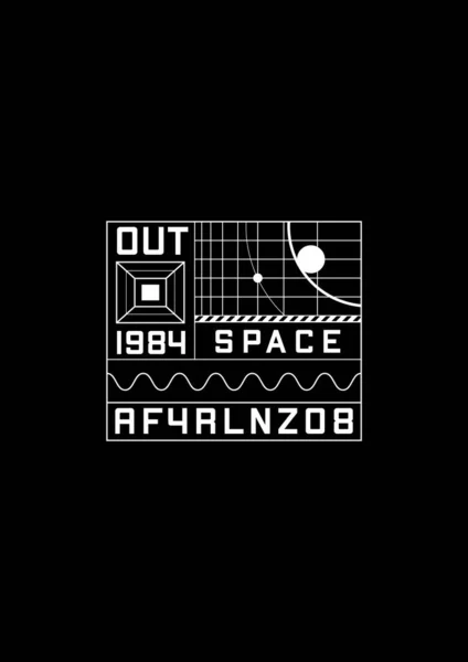 Przestrzeń 1984 t-shirt i projekt odzieży z 1980 estetyka kosmiczna elementy projektowania, siatki z planet i orbity. Interfejs retrofuturystyczny. Czarno-biały odcisk. Wektor — Wektor stockowy
