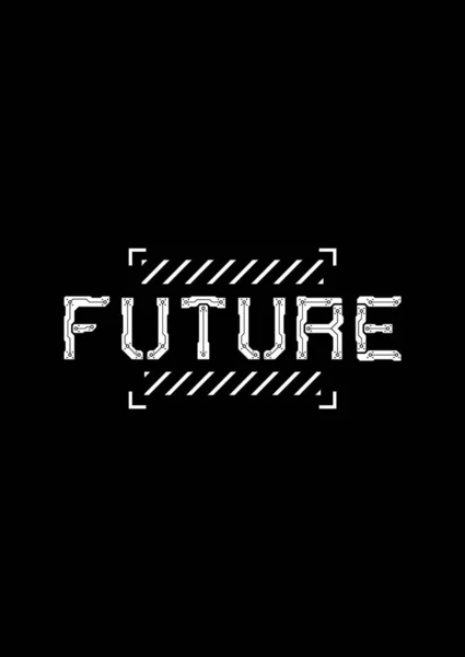 T-shirt i projekt odzieży z dużym nagłówkiem FUTURE, i elementy projektowe cyberpunk w kwadratowej futurystycznej ramce. Czarno-biały odcisk. Wektor — Wektor stockowy