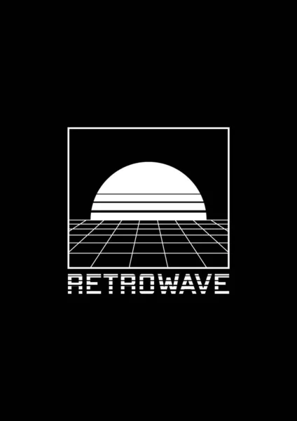 Retrowellen-T-Shirt und Bekleidungsdesign mit Perspektivraster, Sonne am Horizont und dem streifigen Titel RETROWAVE. Die Ästhetik der 1980er Jahre. Schwarz-Weiß-Druck. Vektor — Stockvektor