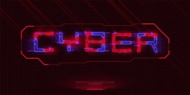 Gelecekçi siber punk tarzı yazı tipi. İngiliz alfabesi ve kırmızı siber punk elementli sayılar ve mavi hud neon hologram etkisi. Tasarım afişleri, elektronik müzik etkinlikleri, oyun başlıkları için iyi. Vektör