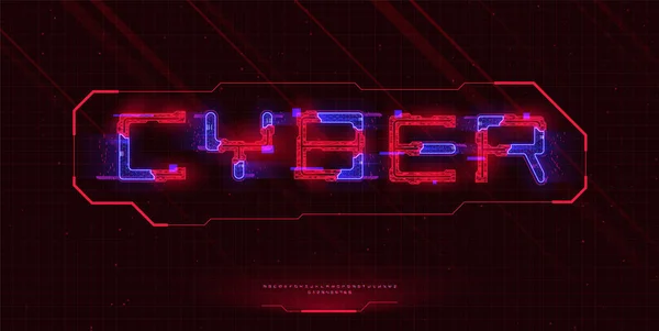 Futuristiska cyberpunk stil teckensnitt. Engelskt alfabet och siffror med röda cyberpunkelement och blå hud neon hologram effekt. Bra för designbanderoller, elektroniska musikevenemang, speltitlar. Vektor — Stock vektor