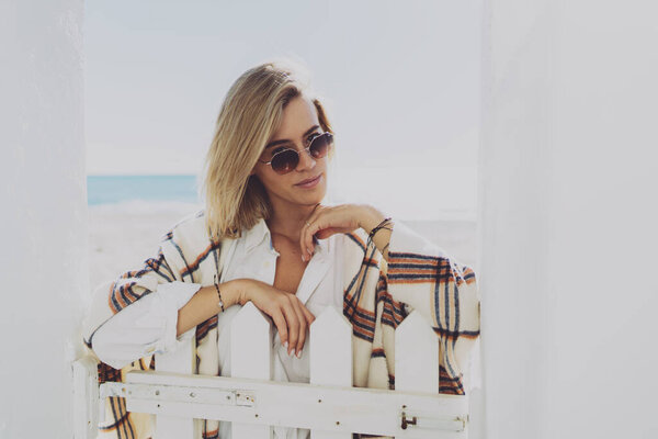 Portrait Charming Blonde Woman Sunglasses Standing Leaning Fence Seaside Caucasian Stock Photo