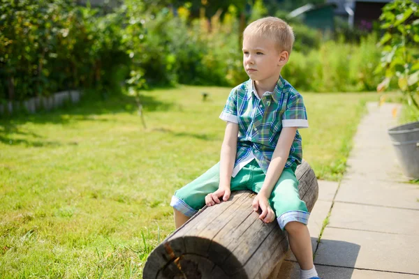 Menino sentado em um tronco — Fotografia de Stock