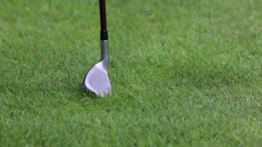 Bir golfçü yeşil zeminde golf sopasıyla vurmaya hazırlanıyordu.