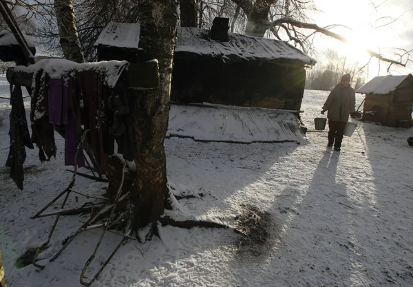 Biélorussie Village Petit Volneyki - 28,11,2010 : Hiver dans le village. Une femme marche avec des seaux sur fond de lumière du soleil. — Photo