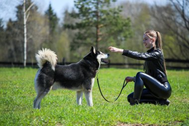 Çekici kız ormanda boğuk bir köpekle oynuyor..