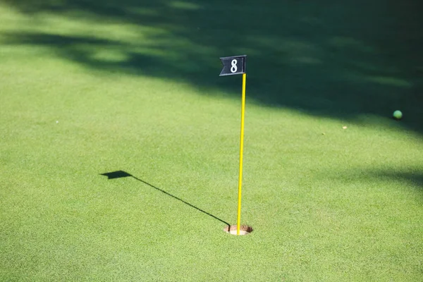 Vlajka v golfovém jamce na pozadí zelené trávy a golfových míčků. Golfování, golfové hřiště. — Stock fotografie