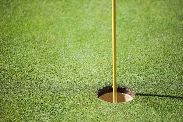 Bandera en un hoyo de golf sobre un fondo de hierba verde y pelotas de golf. Golf, hoyo de golf. —  Fotos de Stock