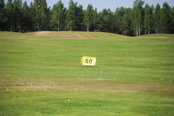 Rijafstand op de golfbaan op een groene golfbaan. — Stockfoto