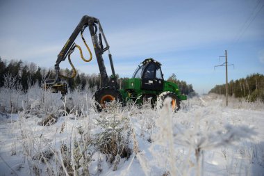 Belarus - 02.02.2015 - Ağaç kesme makineleri, kereste üretimi, erkekler ormanda çalışıyor. Ormandaki hasatçı. Tahta hasatı. Odun yenilenebilir enerji kaynağı olarak kullanılıyor. Tarım ve
