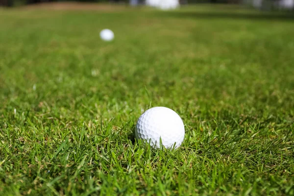 Yeşil çim arka planda golf topu — Stok fotoğraf