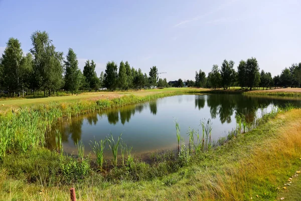 Lago cercado por vegetação no território do clube de golfe — Fotografia de Stock