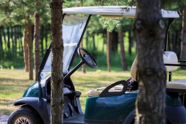 Beyaz Rusya. Minsk - 24.07.2021 - Golf sahasındaki elektrikli araba ağaçların gölgesinde duruyor