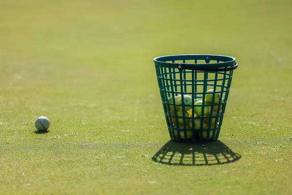 Basket of Golf Balls egy pályán — Stock Fotó