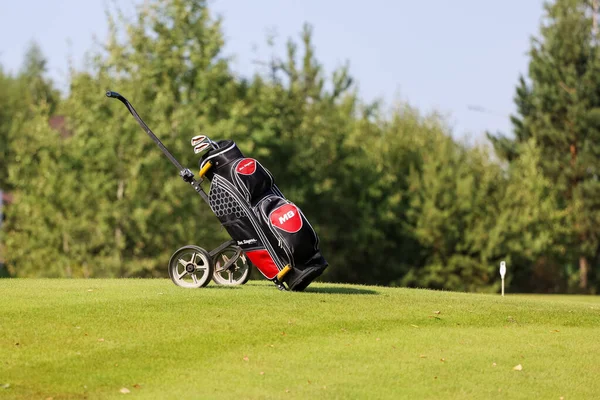Minsk. Beyaz Rusya - 25.07.2021 - İt-Çek Golf Arabaları. Yeşil çimenler, ağaçlar.