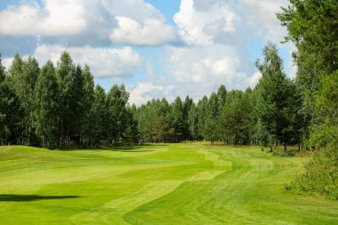 Golf sahası, manzara, arka planda yeşil çimenler ve bulutlu parlak bir gökyüzü.