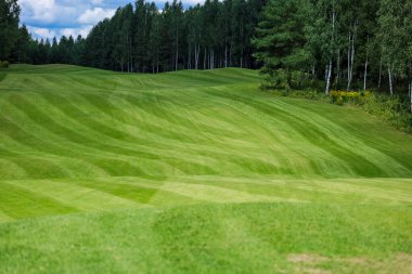 Golf sahası, manzara, arka planda yeşil çimenler ve bulutlu parlak bir gökyüzü.