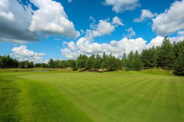 Golf sahasının panorama manzarası. Zengin yeşil çimenlikli golf sahası. Güzel manzara..