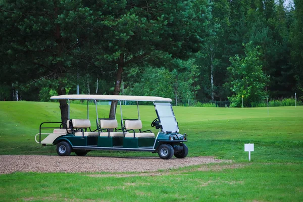 Beyaz Rusya. Minsk - 02.07.2021 Golf sahasındaki elektrikli araba ağaçların gölgesinde duruyor. — Stok fotoğraf