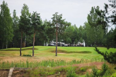 Golf kulübünün çevresi yeşilliklerle çevrili.
