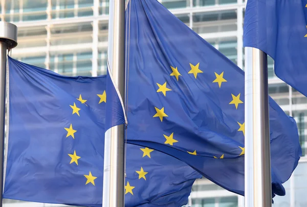 Bandeiras europeias em frente ao edifício Berlaymont, comissão central em Bruxelas . — Fotografia de Stock