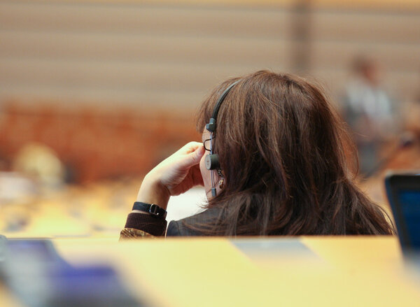 Interior of modern conference hall view through a window