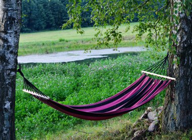 Bahçedeki hamakta dinleniyor.