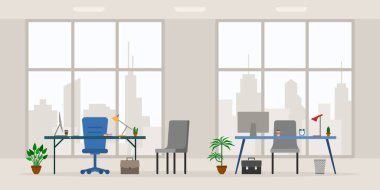 Modern boş ofis işi tasarımı ön görünüm vektör illüstrasyonu. Çizgi film masası, masa, sandalye, bilgisayar, bina, masaüstü, lamba, şehrin arka planında izole edilmiş büyük pencere