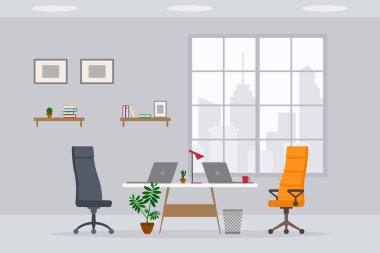 Modern boş ofis çalışma yeri ön görünüm vektör illüstrasyonunun tasarımı. Düz stil tablo, masa, sandalye, bilgisayar, masaüstü, bitki, lamba, dizüstü bilgisayar şehir planında izole edilmiş.