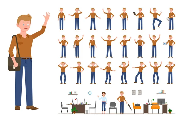 Erwachsene Büro Cartoon Charakter Mann Lässiger Kleidung Winkt Hand Nach — Stockvektor