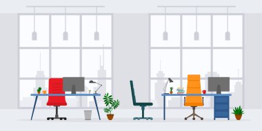 Modern boş ofis çalışma yeri ön görünüm vektör illüstrasyonunun tasarımı. Düz stil tablo, masa, sandalye, bilgisayar, masaüstü, bitki, lamba gökdelen arka planında izole