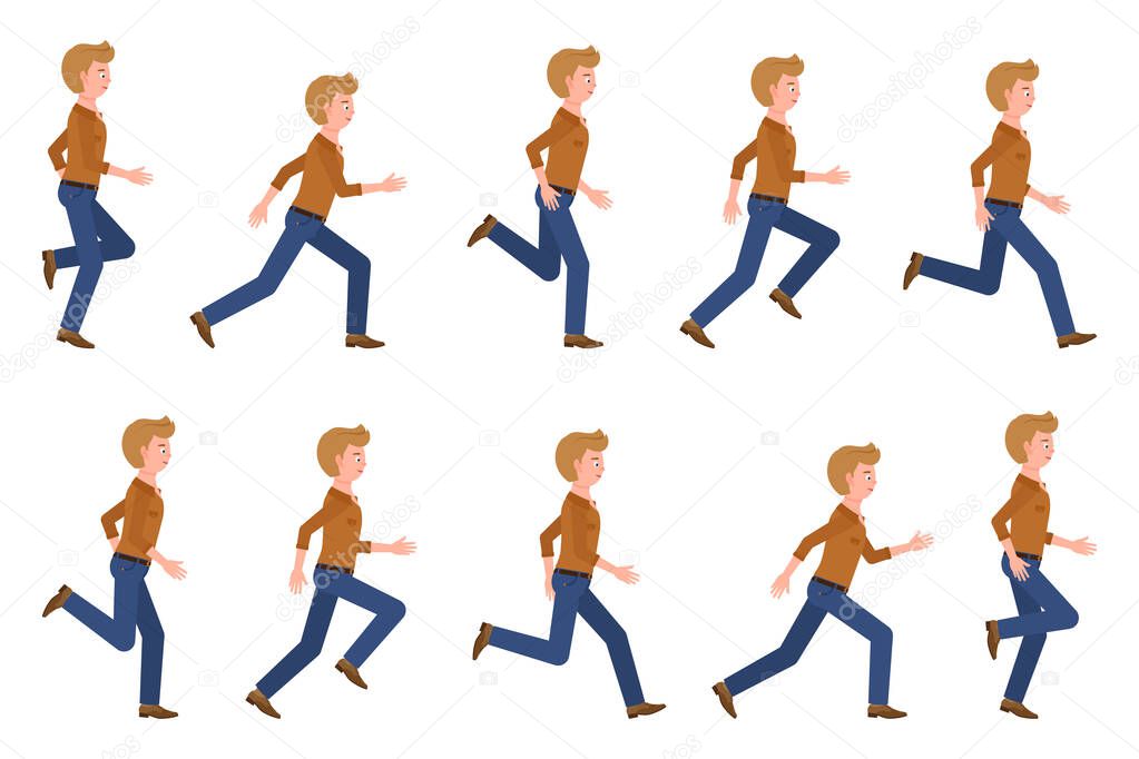 Young, adult man wearing jeans running sequence poses vector illustration. Fast moving forward, hurry, rush male person cartoon character set on white