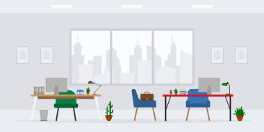 Modern boş ofis işi tasarımı ön görünüm vektör illüstrasyonu. Çizgi film masası, masa, sandalye, bilgisayar, bina, masaüstü, lamba, kaktüs şehrin arka planında izole edilmiş.