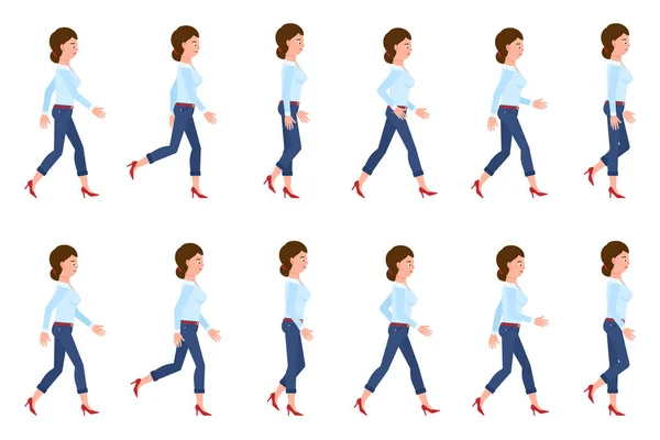 ジーンズ歩くシーケンスの大人の女性はベクトルイラストをポーズします 前方に移動 遅い進行中の人の漫画のキャラクターは白に設定 — ストックベクタ