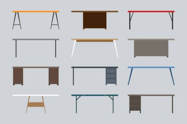 Modern, çağdaş, tavan arası, karikatür düz stil ofis ofis ofis vektör çizimi seti. Ahşap, boş, şık masa başı iş yeri simgesi koleksiyonu gri arkaplanda