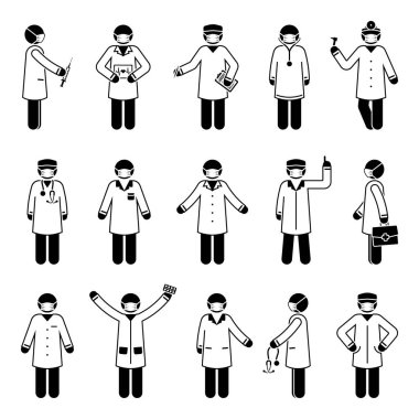 Çubuk adam maske vektör ikonu takıyor. Çeşitli sağlık çalışanlarının duruşları ve resimli çizim konsepti 